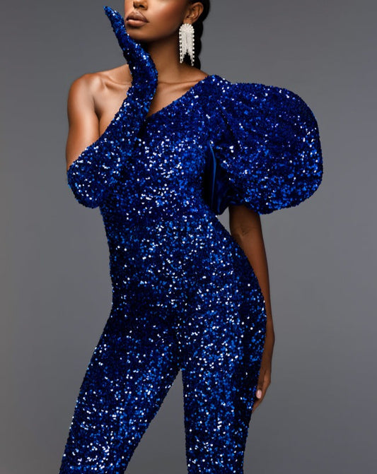 Dramatic Royal Blue Asymmetrical Sequin Jumpsuit & Glove